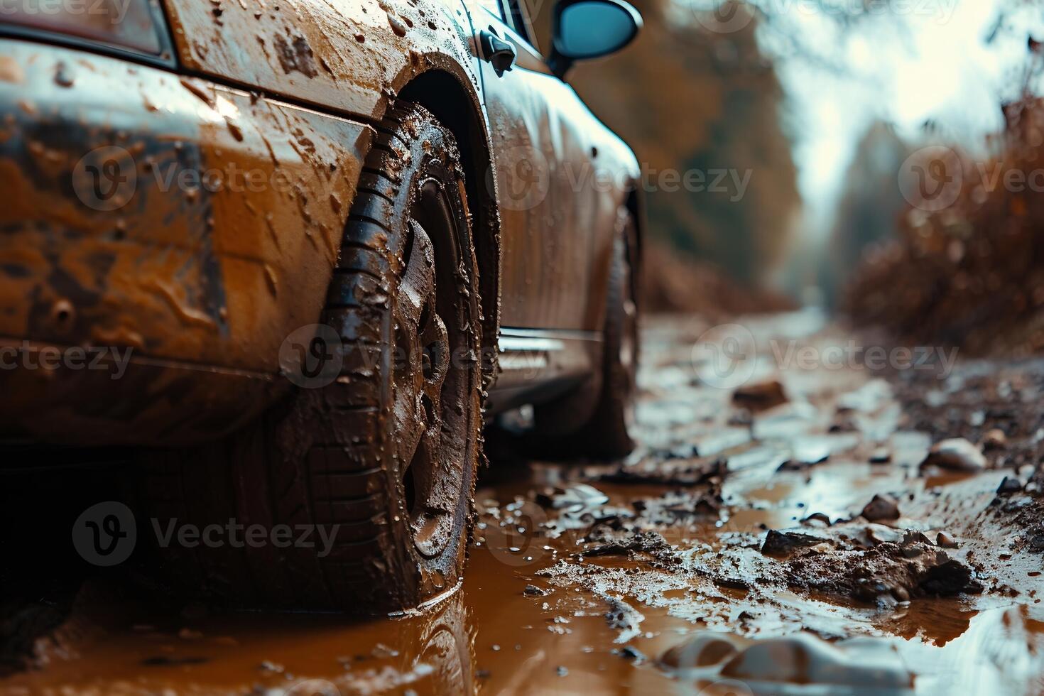 AI Generated SUV wheel stalled in mud and water. photo