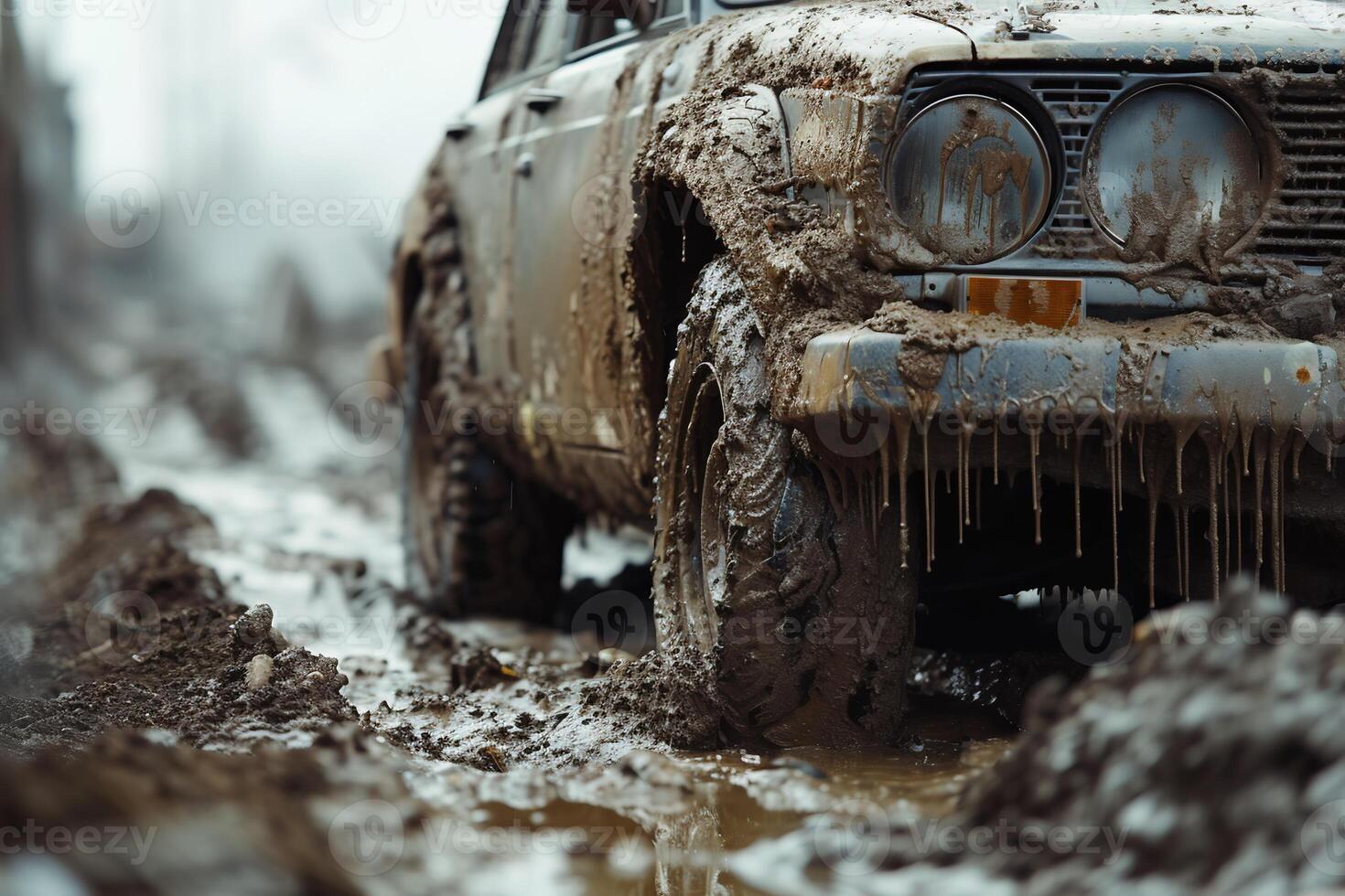 AI Generated SUV wheel stalled in mud and water. photo