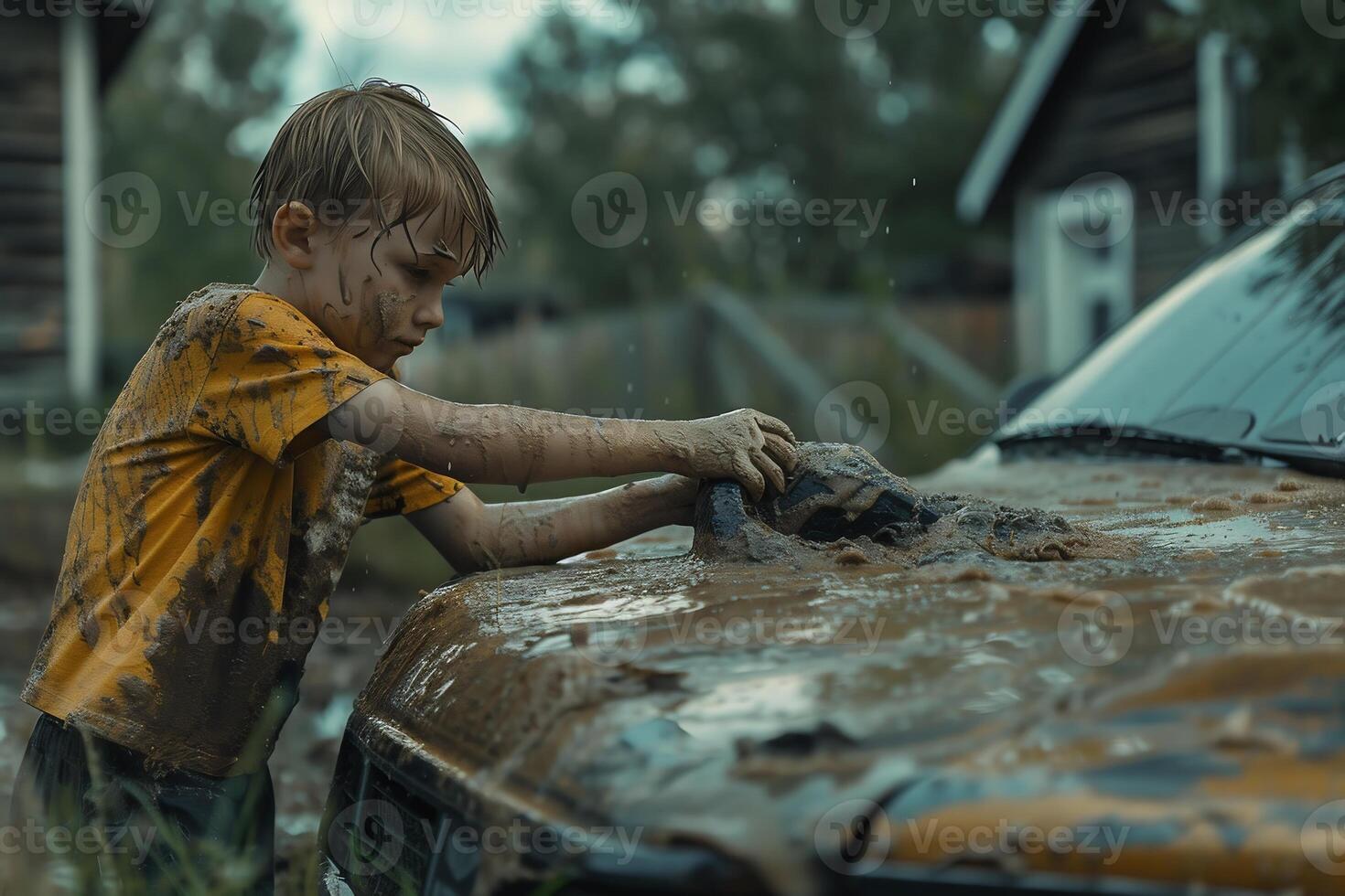 AI Generated boy near a burnt car photo