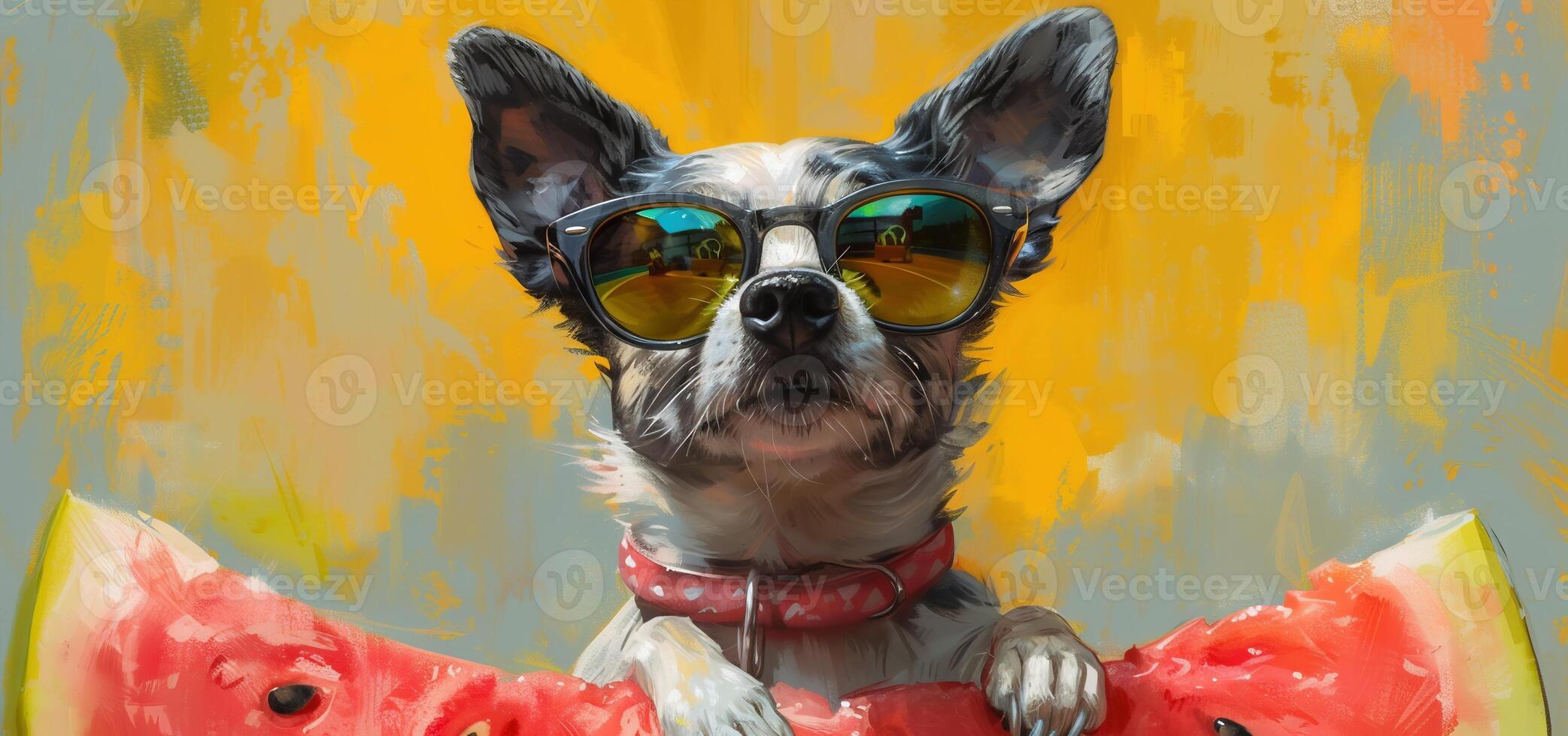 AI Generated Smiling puppy wearing sunglasses holds a watermelon photo