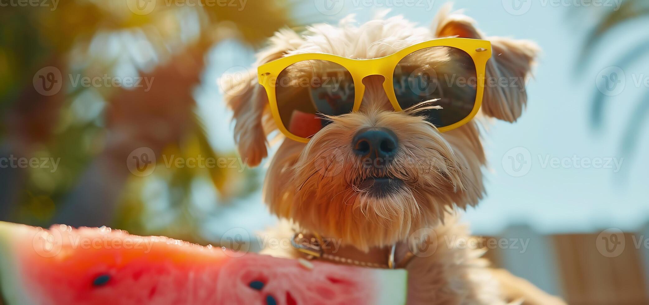 AI Generated Smiling puppy wearing sunglasses holds a watermelon photo