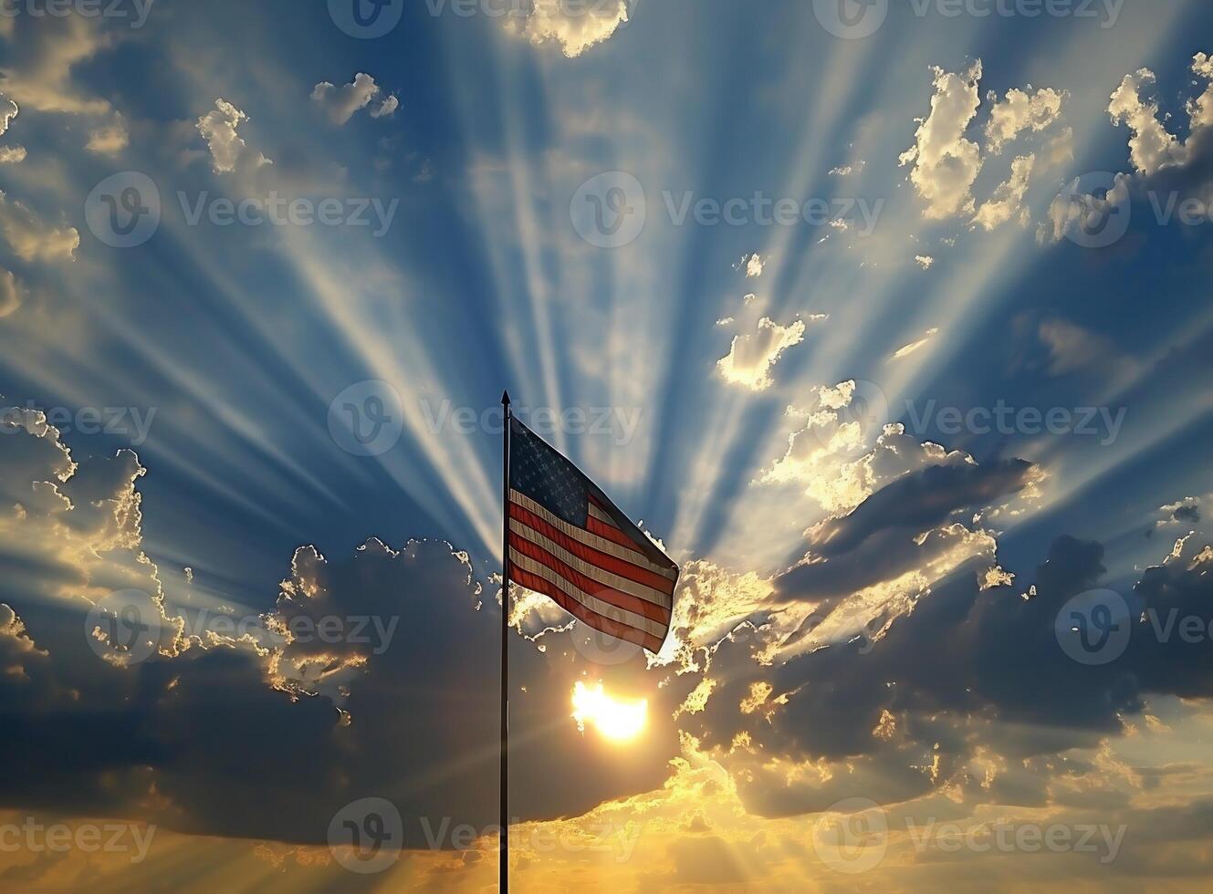 ai generado americano bandera en frente de brillante cielo foto