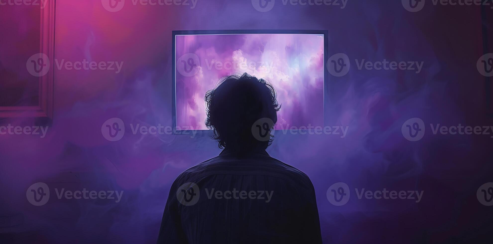 AI Generated Man sits in front of a blank monitor in dark room photo