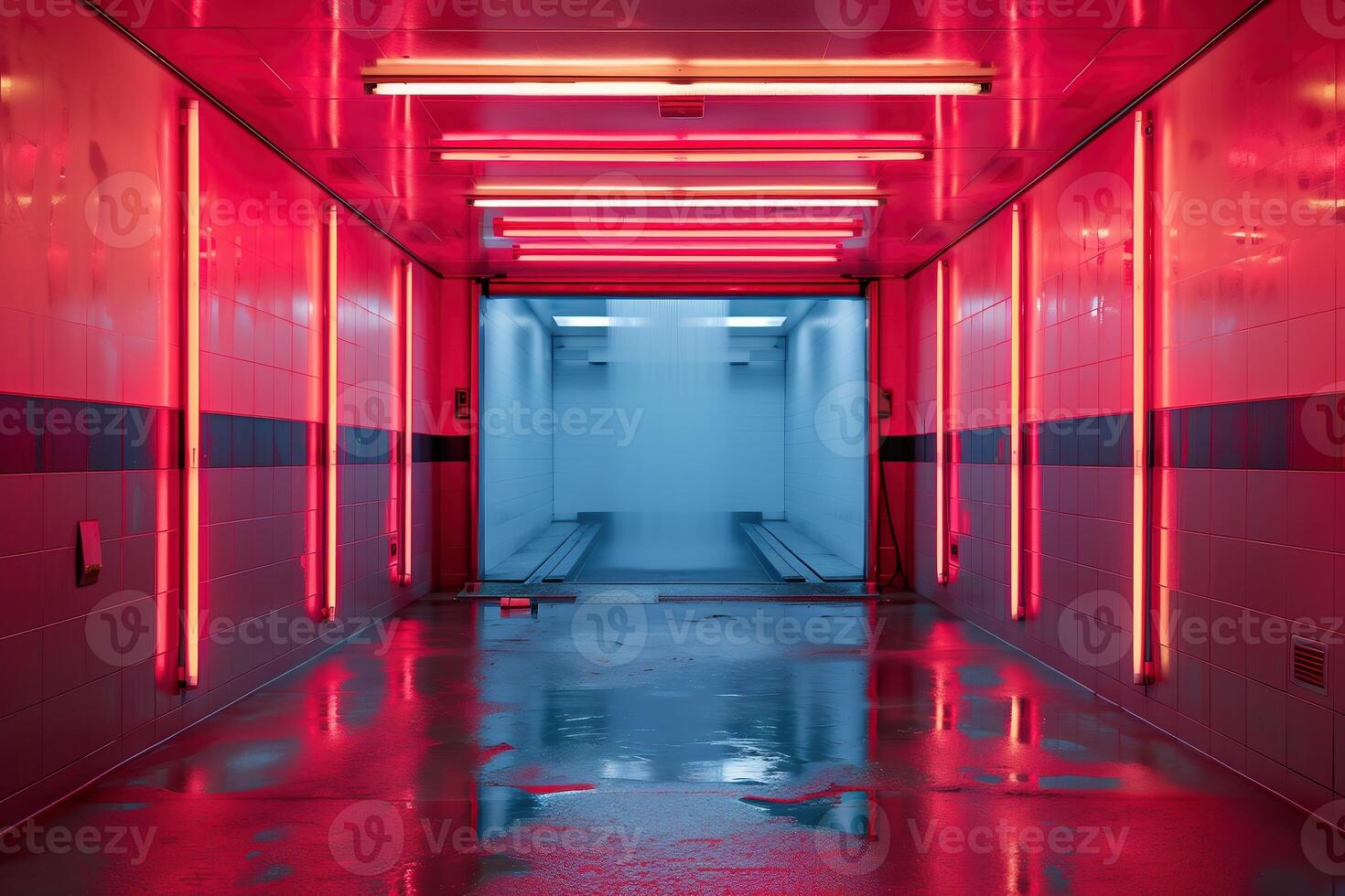AI Generated Large Sci Fi Futuristic Elegant Modern Warehouse Red Laser Beams Pillars Lights Glowing Windows concrete Grunge Tunnel Corridor Alien Spaceship 3D Rendering Illustration photo