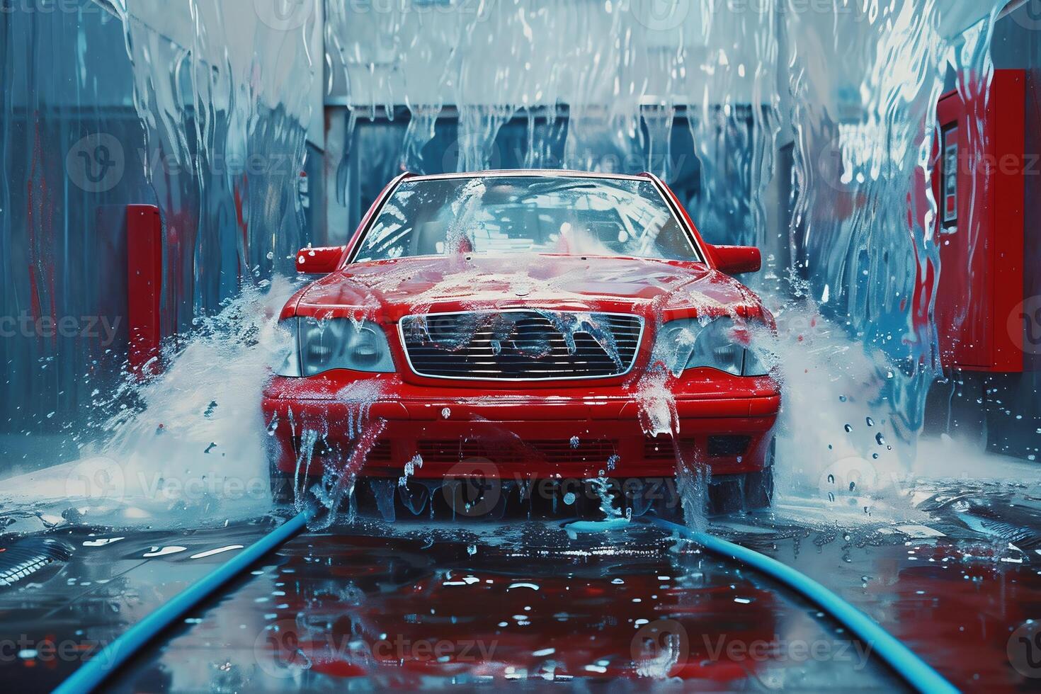 AI Generated A car running through an automatic car wash with brushes and water hitting the vehicle. photo