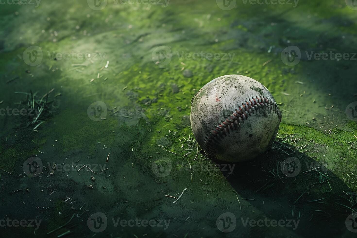 AI Generated Old worn leather baseball on wood with light photo