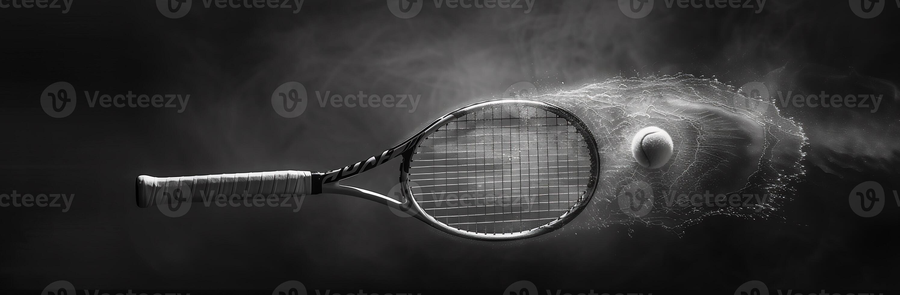 AI Generated Tennis racket racquet isolated against a black background in black and white photo