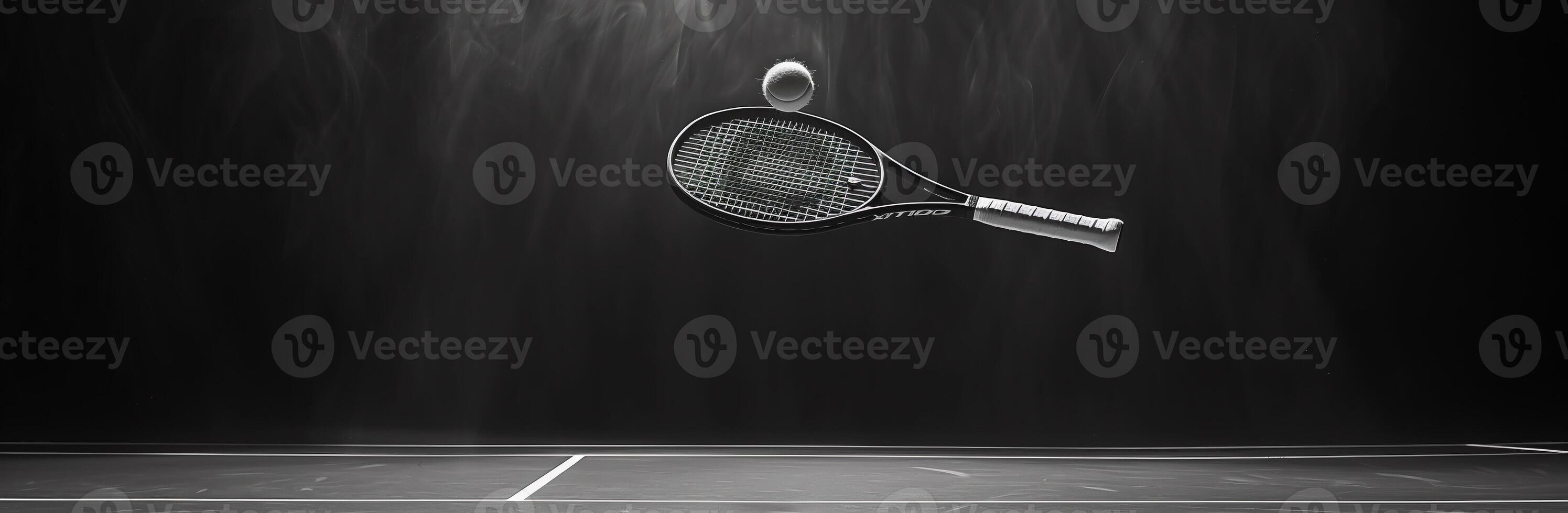 AI Generated Tennis racket racquet isolated against a black background in black and white photo