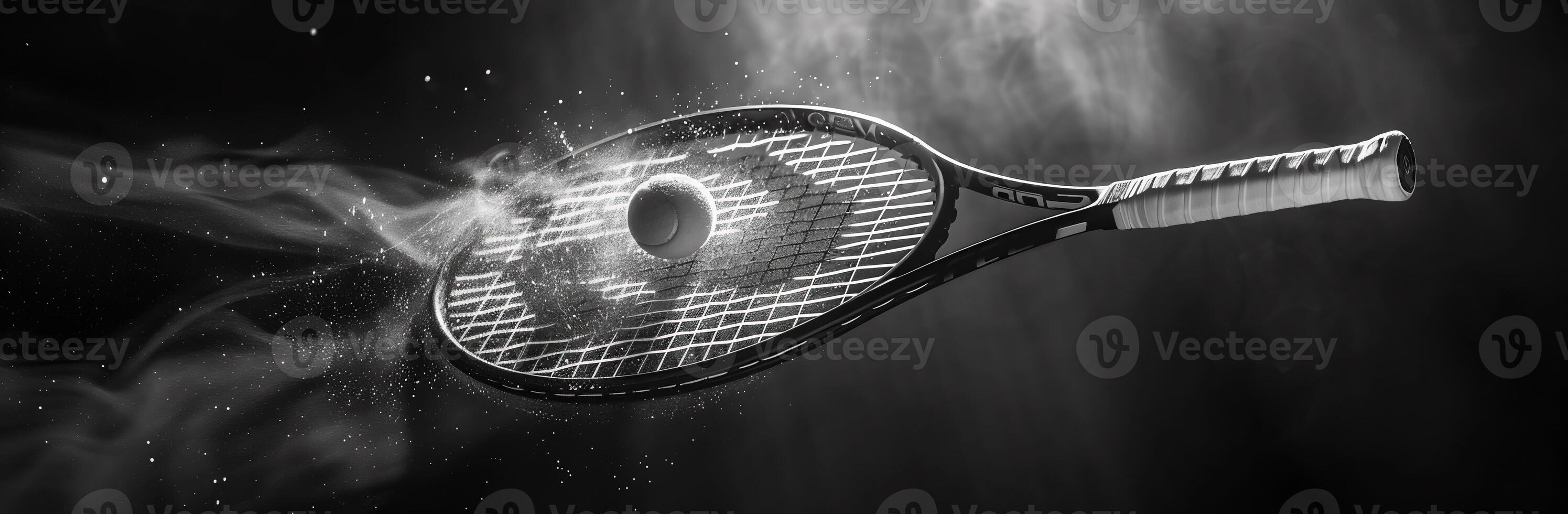 AI Generated Tennis racket racquet isolated against a black background in black and white photo