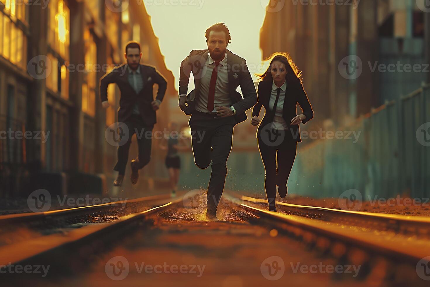 AI Generated Businessman team cooperate to achieve target for successful on building in city background photo
