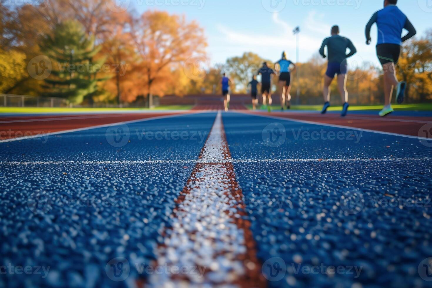 AI Generated running track in stadium And the light that shines With people running exercise jogging . photo