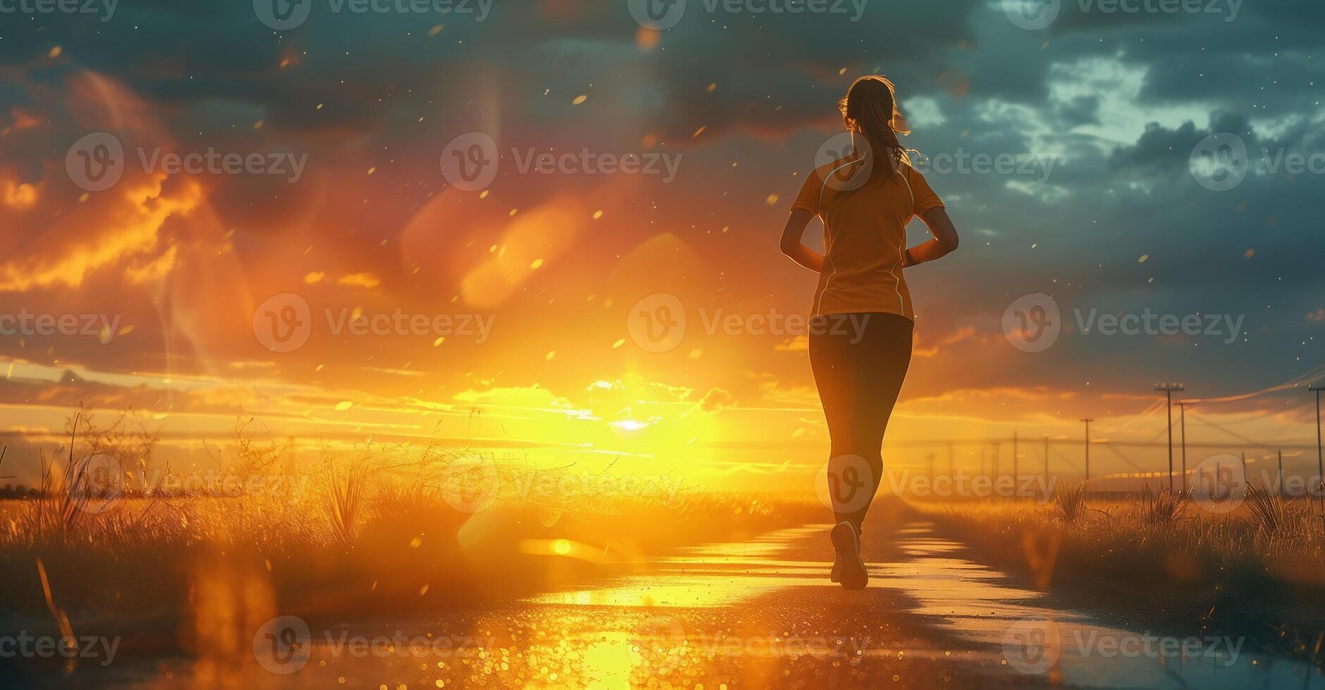 AI Generated Silhouette of running woman against the colorful sky. Silhouette of running man on sunset fiery background photo