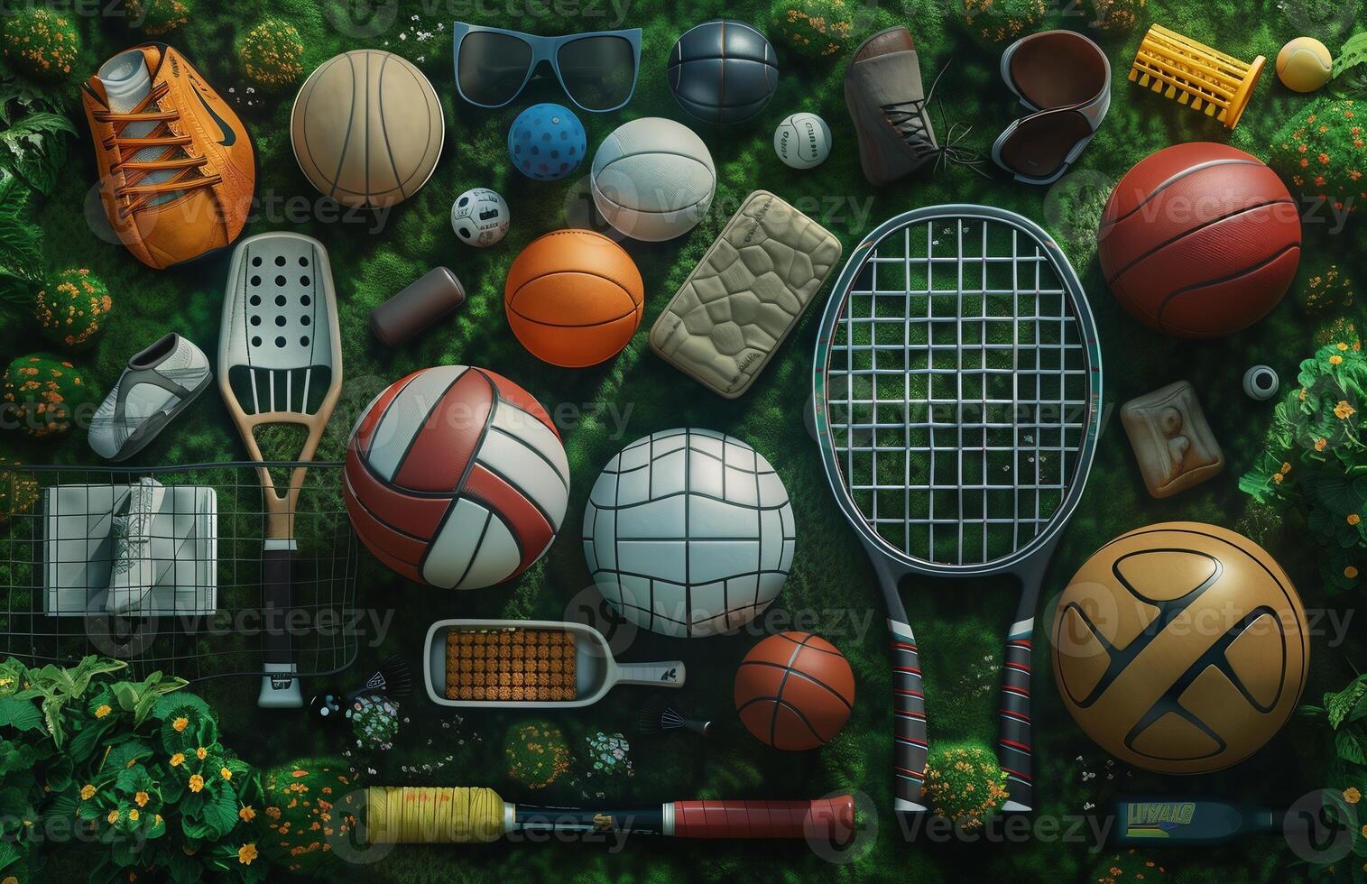 AI Generated Sport games background - basketball, soccer ball, rackets, sneakers - copy space photo