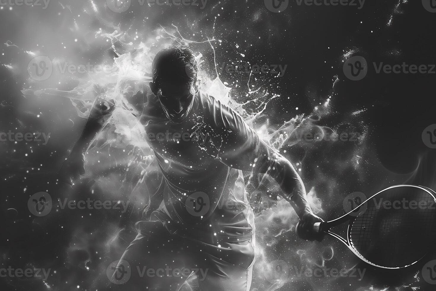 AI Generated Abstract silhouette of a tennis player on white background. Tennis player man with racket hits the ball. illustration photo