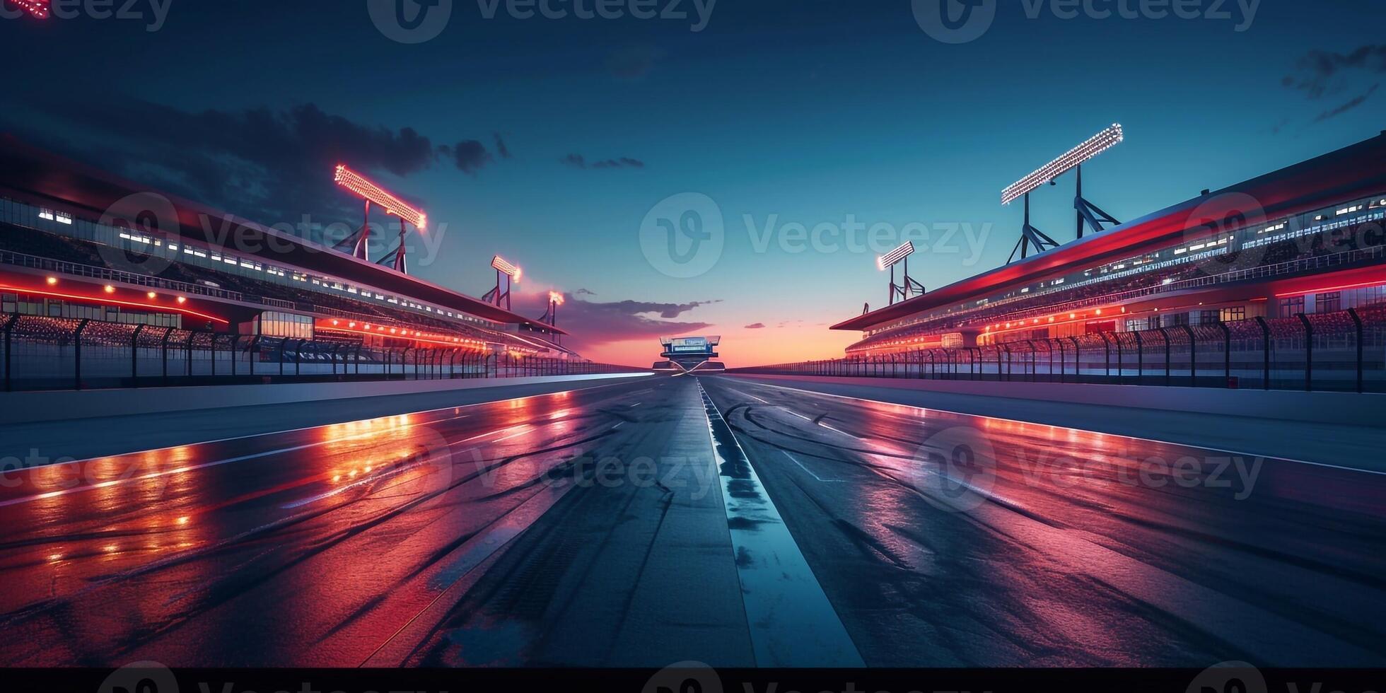 AI Generated Motion blurred racetrack with city skyline background ,night scene cold mood. with arrow light Effects. photo