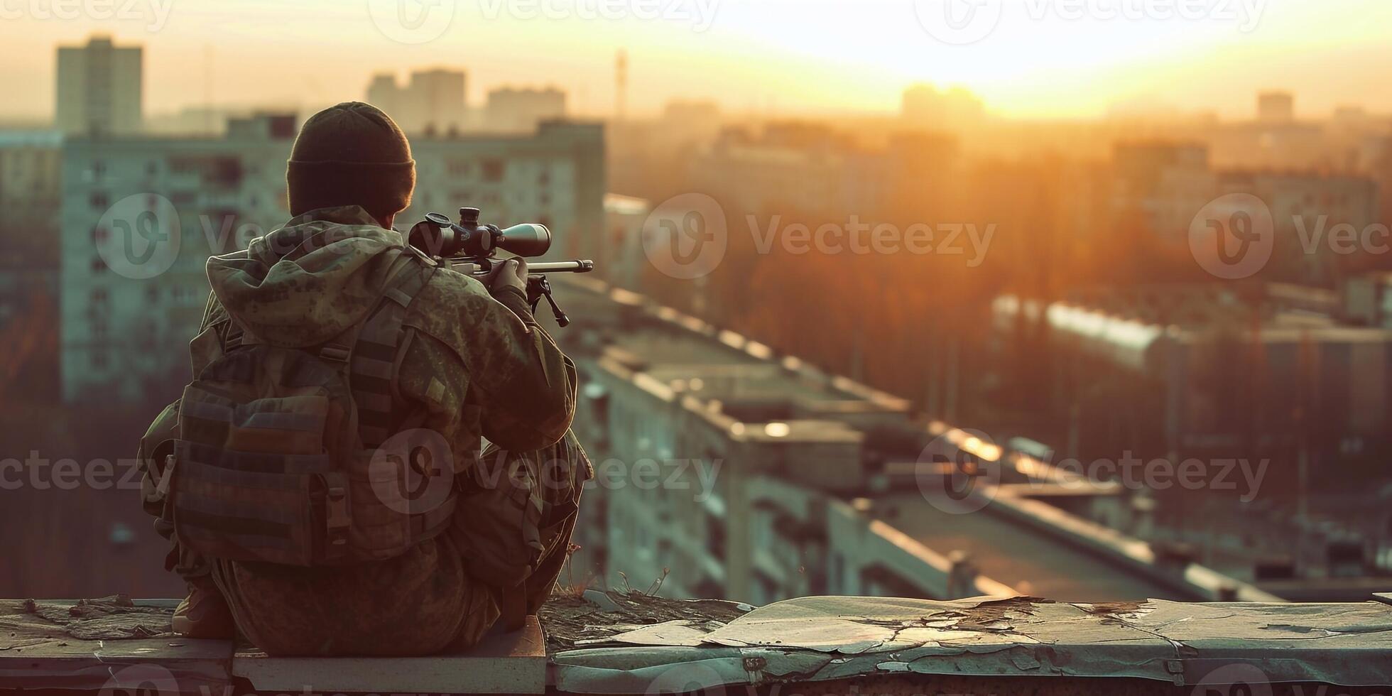 ai generado soldado en guerra, con armas en su manos, objetivo a el enemigo foto