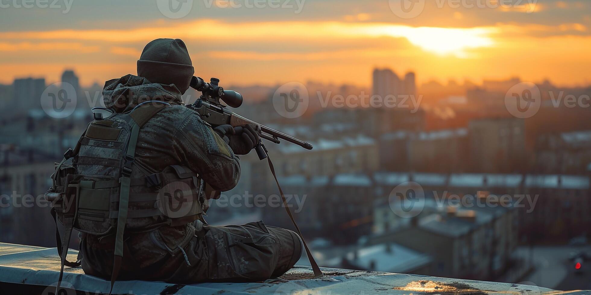 AI Generated Soldier in war, with weapons in his hands, aim at the enemy photo