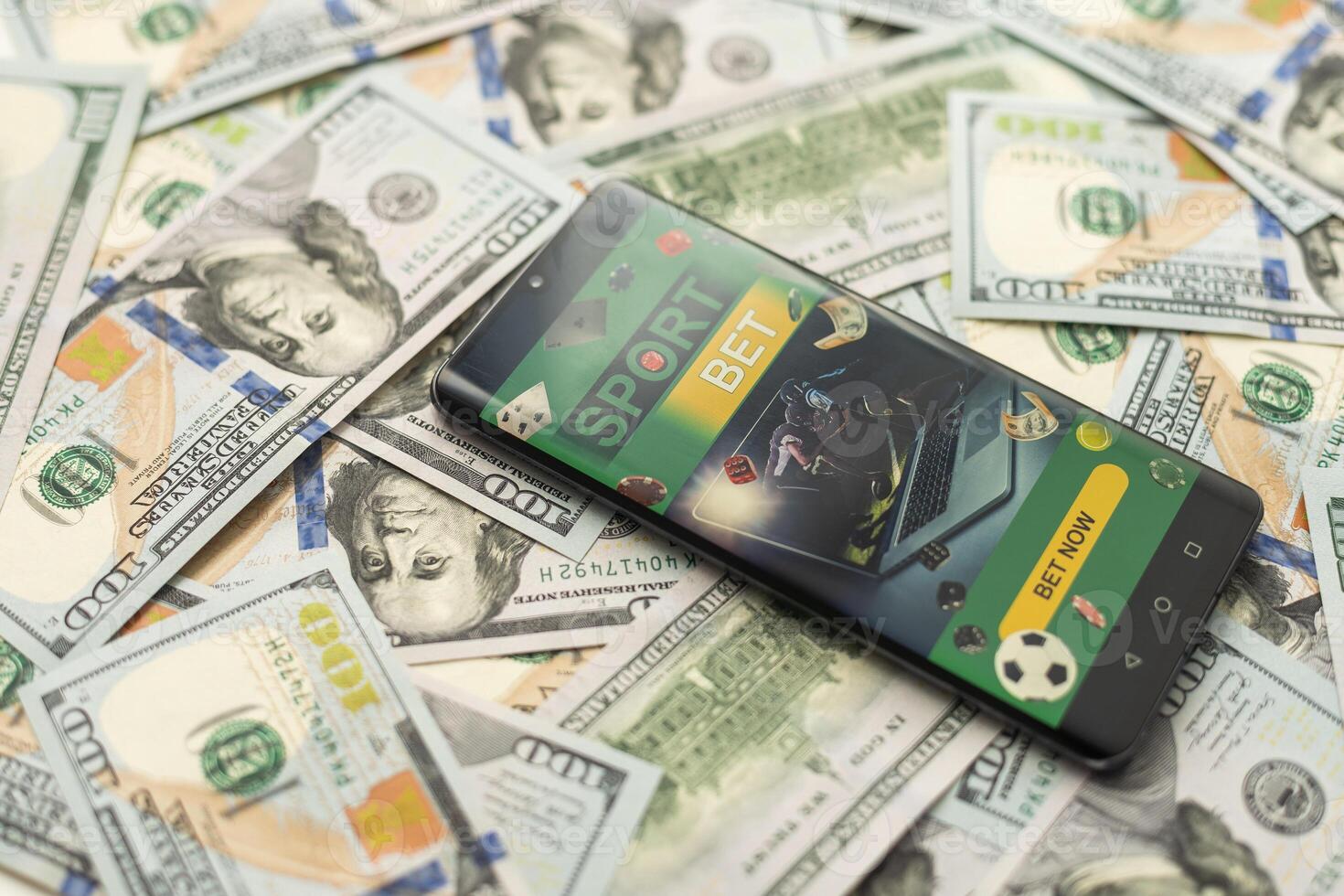 Smartphone with gambling mobile application with money close-up. Sport and betting concept photo