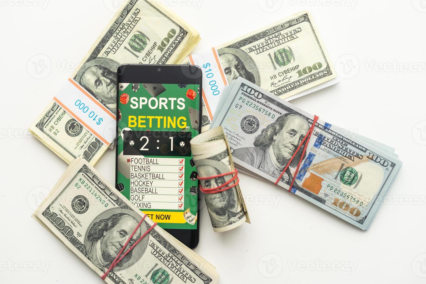 Sport betting online banner concept. app online bet on soccer. Mobile phone with soccer field on screen and realistik football ball in front. illustration photo