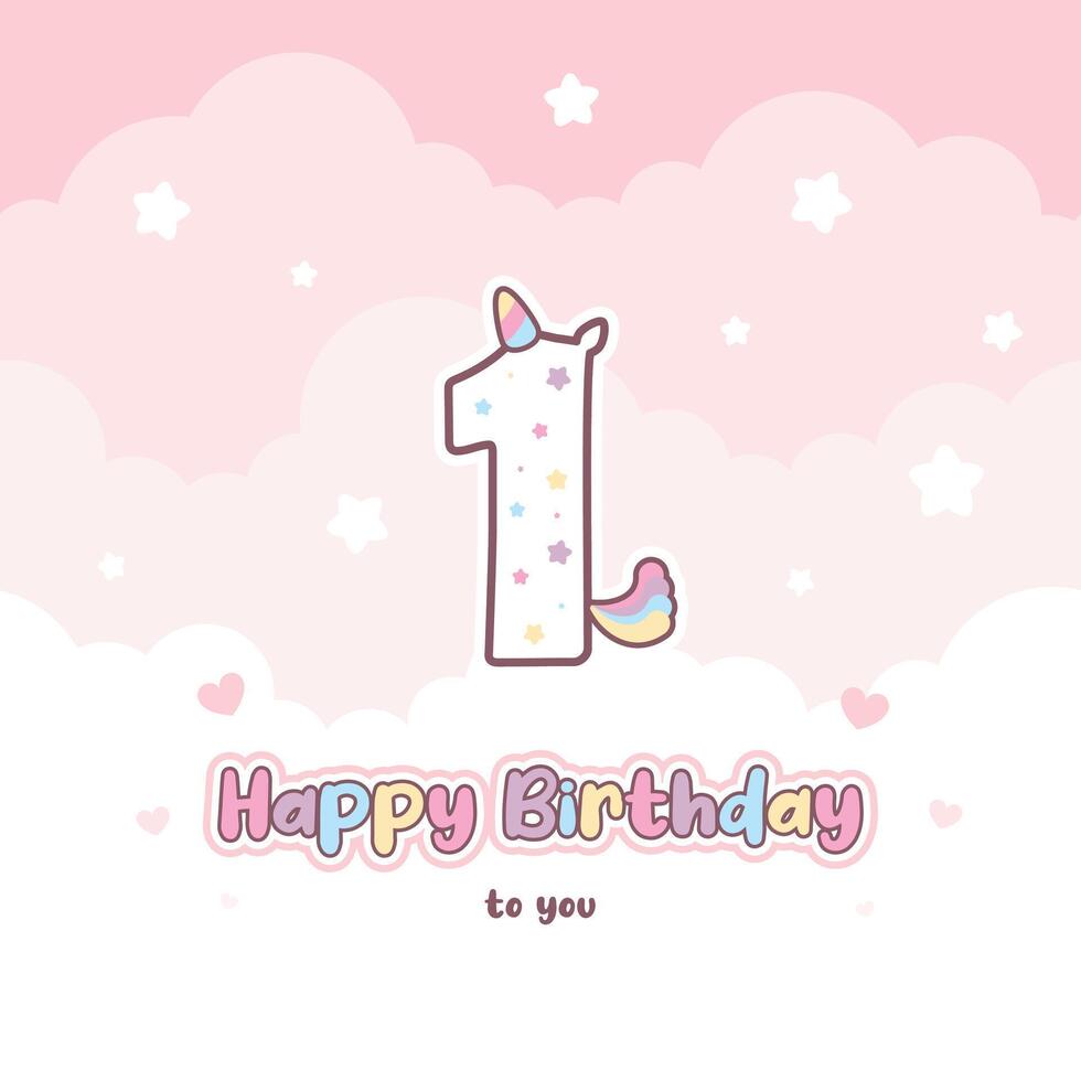 First birthday greeting card with cute unicorn number vector