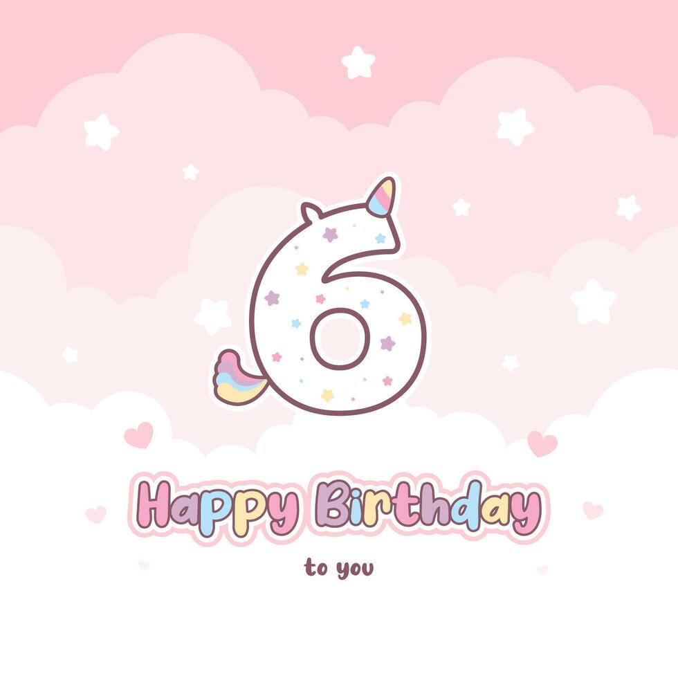 Sixth birthday greeting card with cute unicorn number vector