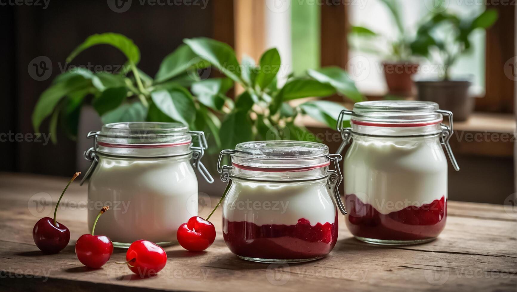 jar of yogurt with cherries in the kitchen photo