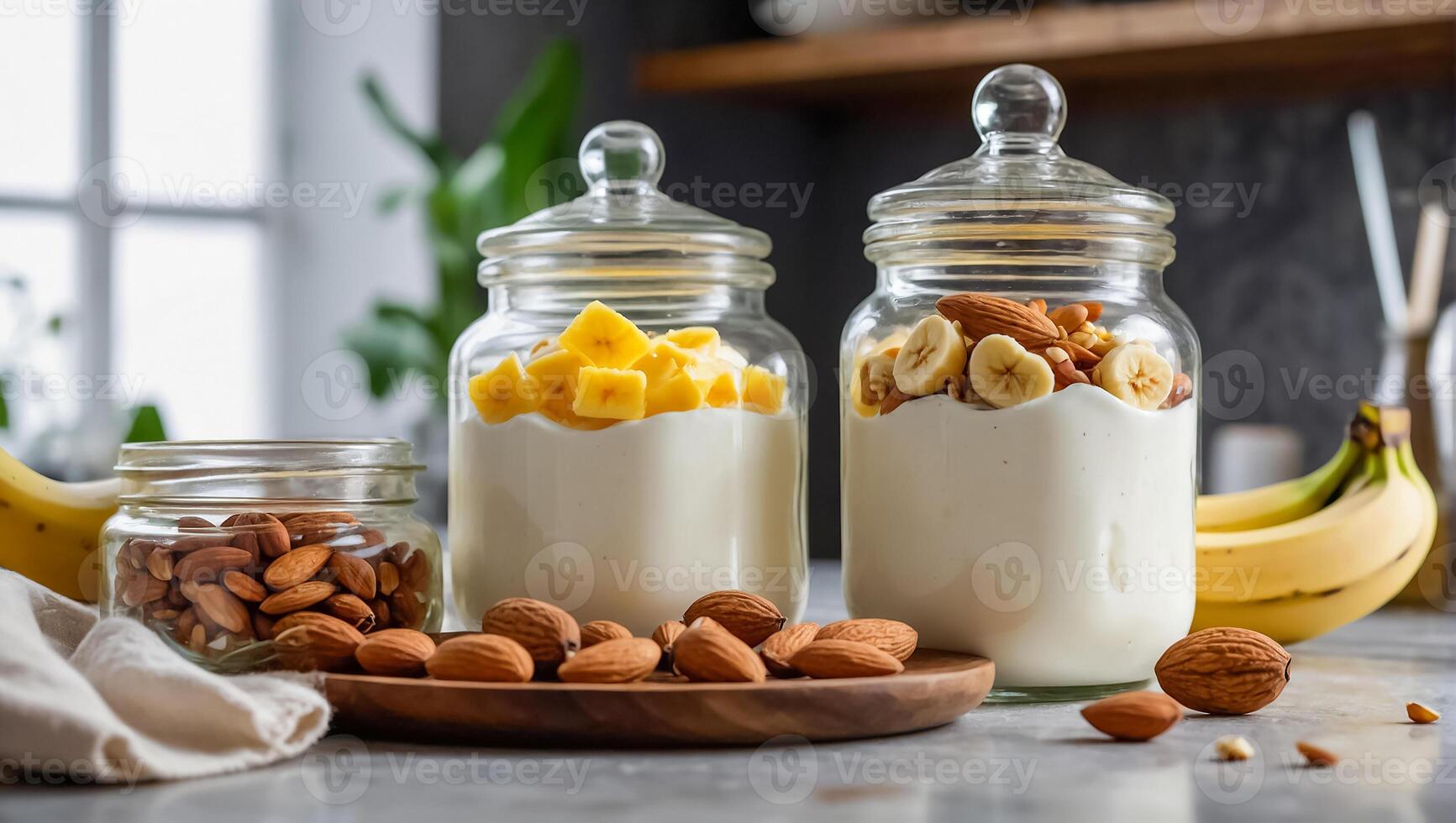 jar of yogurt with banana and almonds in the kitchen photo