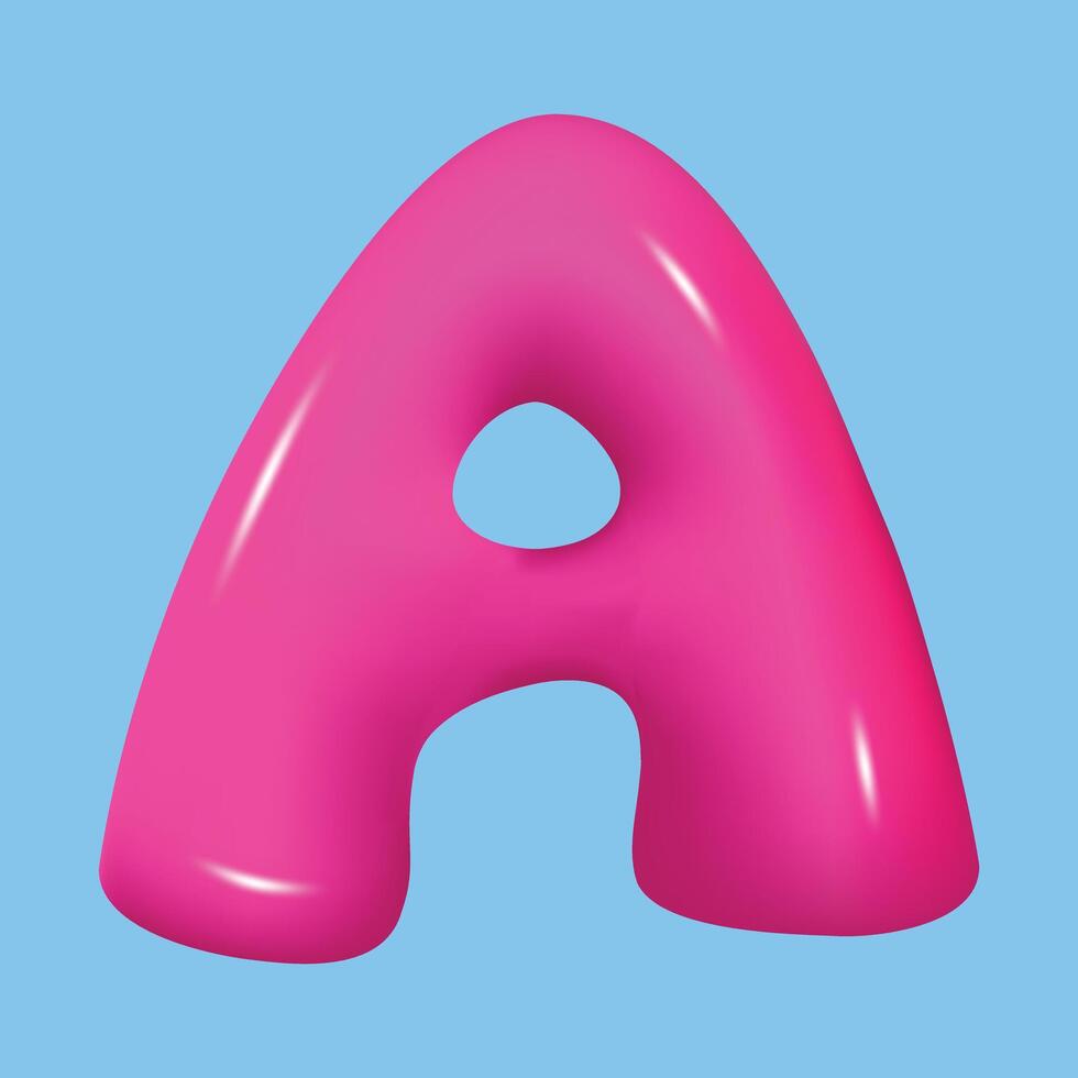 Glossy 3d pink super bubble font A in plastic style. vector