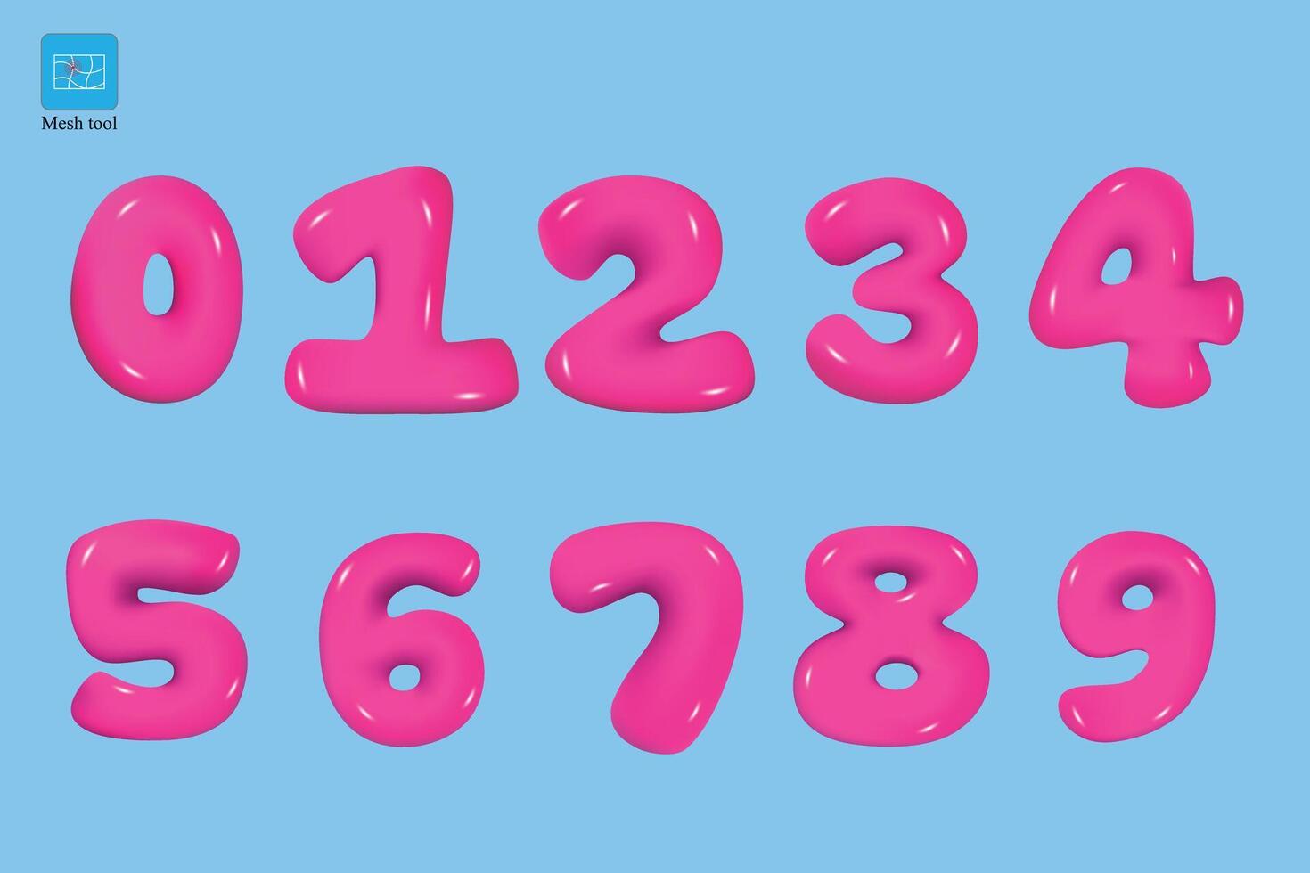 Glossy 3D pink super bubble font. Pink color numbers from 0 to 9. Collection of voluminous inflated numbers from balloon. Realistic 3d design. illustration vector