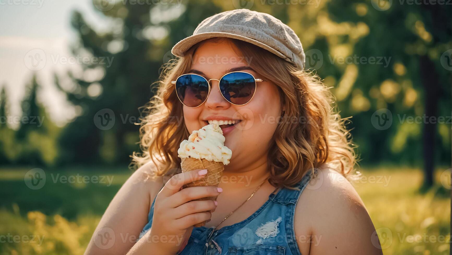 Portrait of a happy very fat girl with ice cream on the street in summer photo