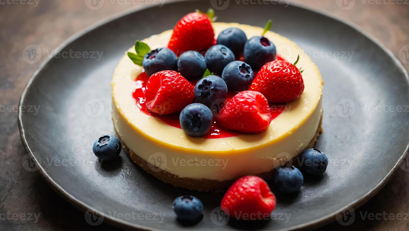 delicioso tarta de queso con bayas en el mesa foto