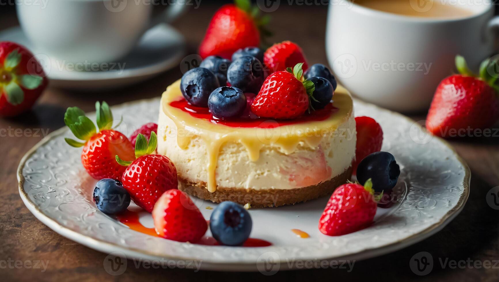 delicious cheesecake with berries on the table photo