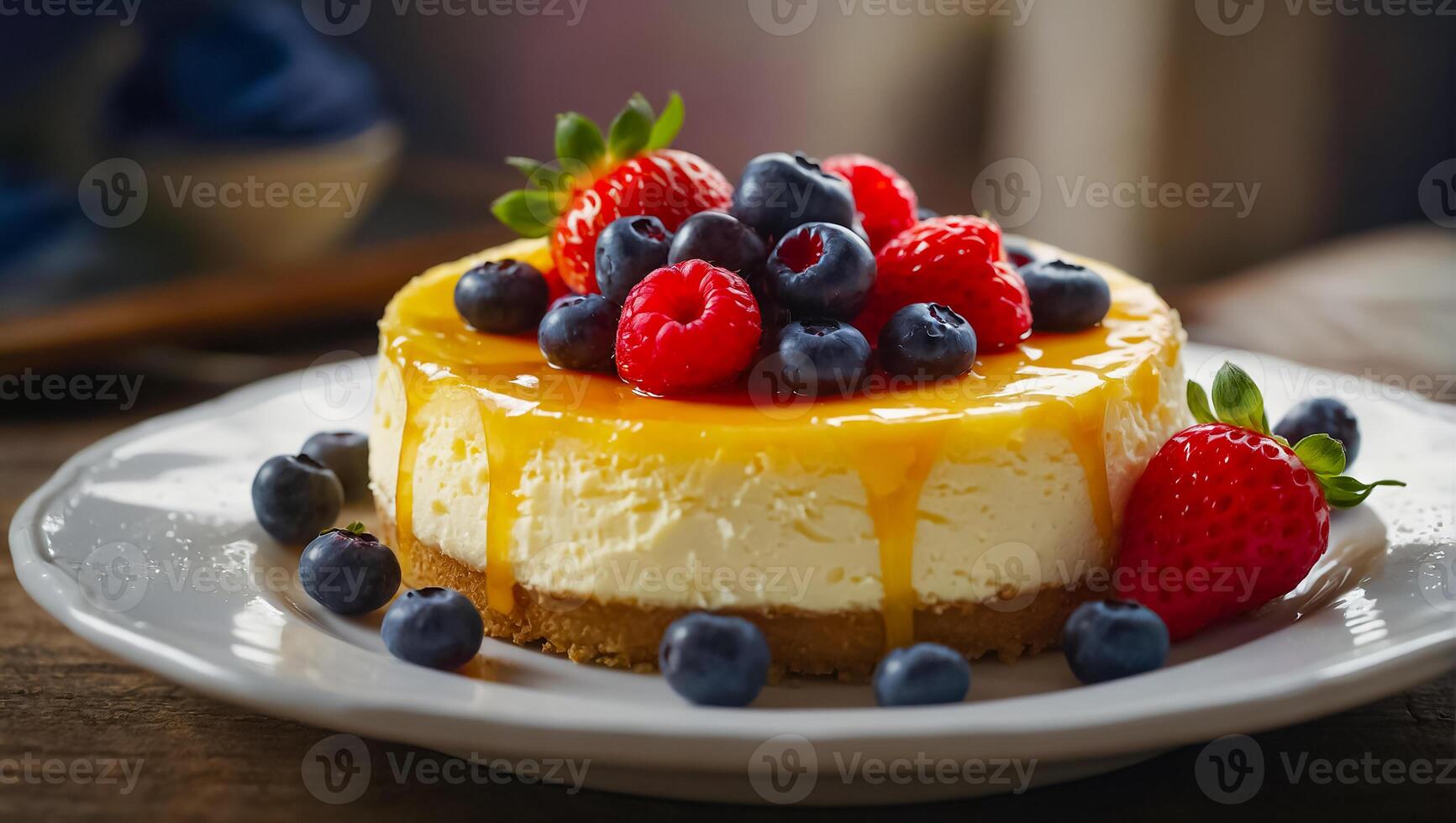 delicious cheesecake with berries on the table photo