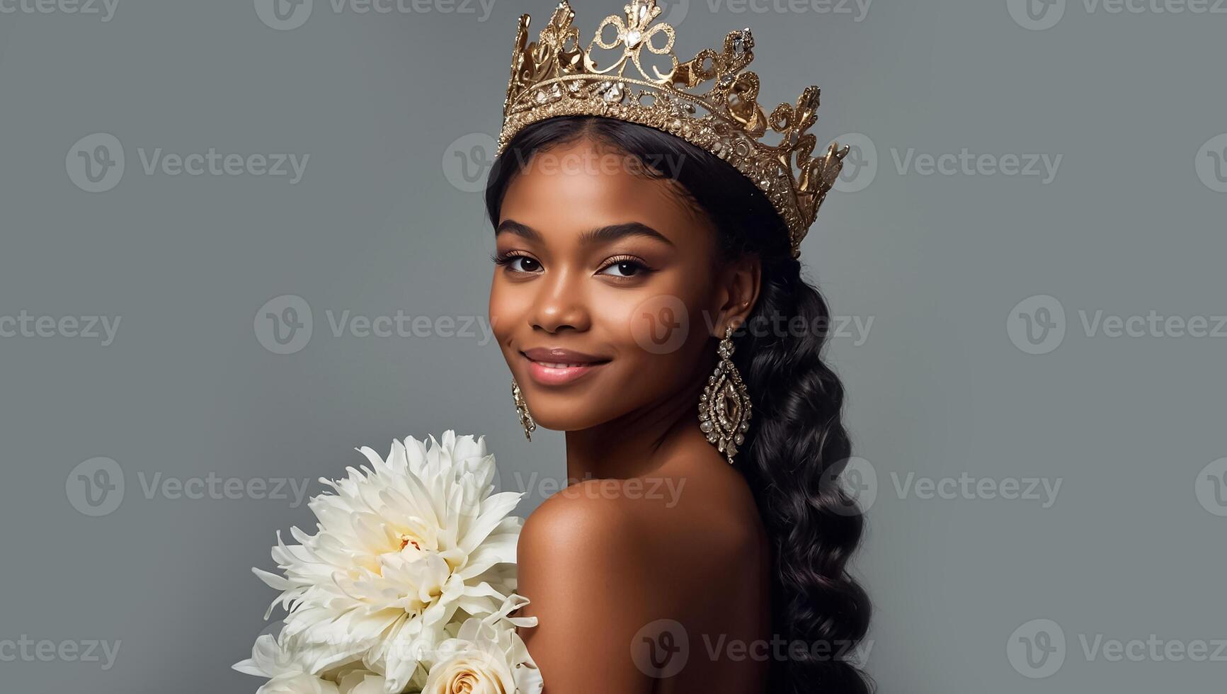 Beautiful African American girl wearing a golden crown photo