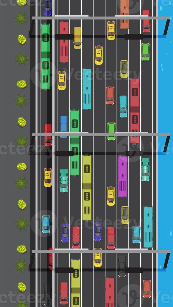 top view of Traffic Jam car vehicle on multiple lane highway, view from above photo