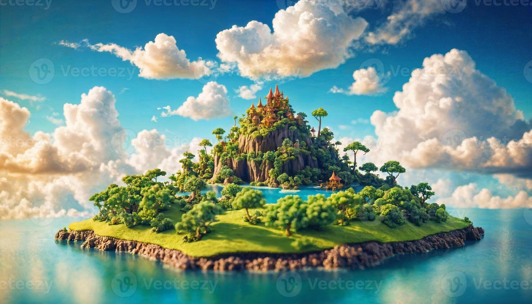 miniature scene of fantasy island with cloud sky, photo