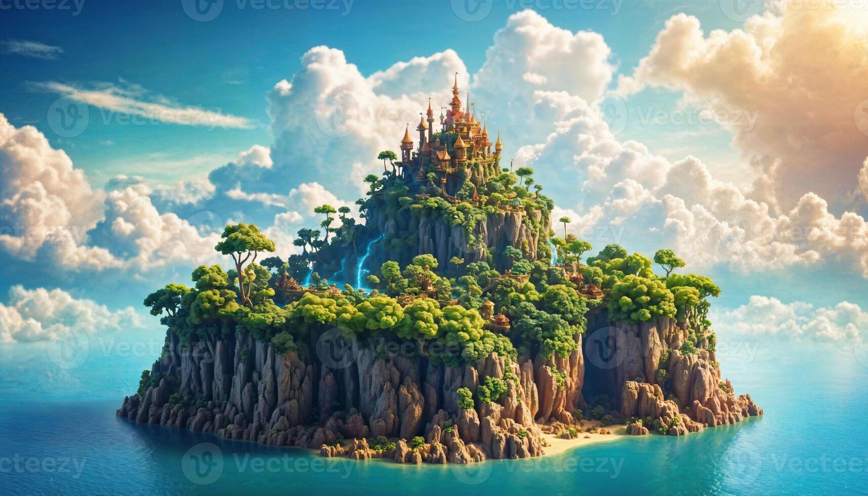 miniature scene of fantasy island with cloud sky, photo