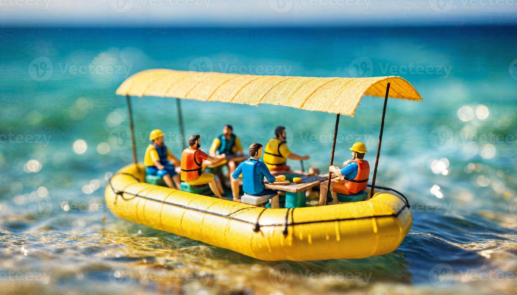 miniature scene of raft rescue float boat and sand beach island, photo