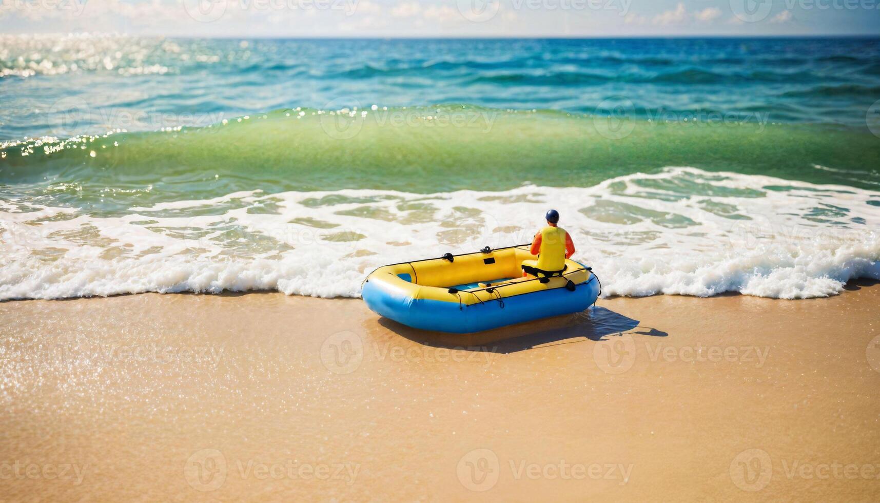 miniatura escena de balsa rescate flotador barco y arena playa isla, foto