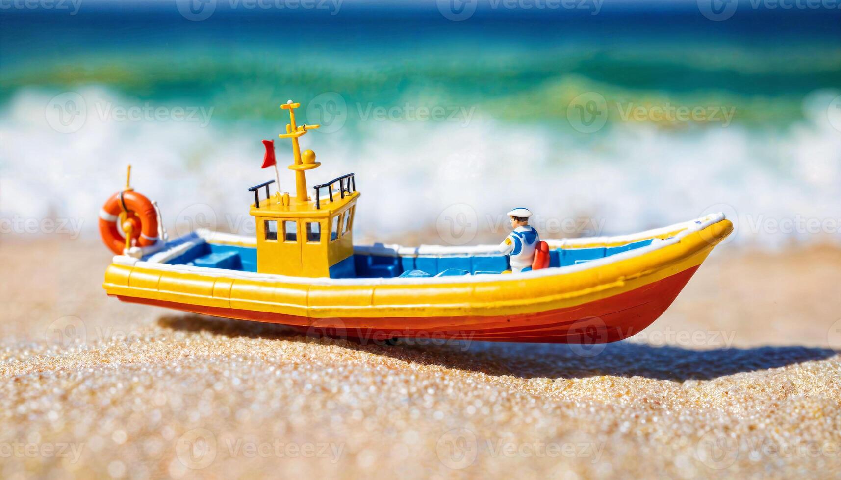 miniatura escena de barco y arena playa isla, foto