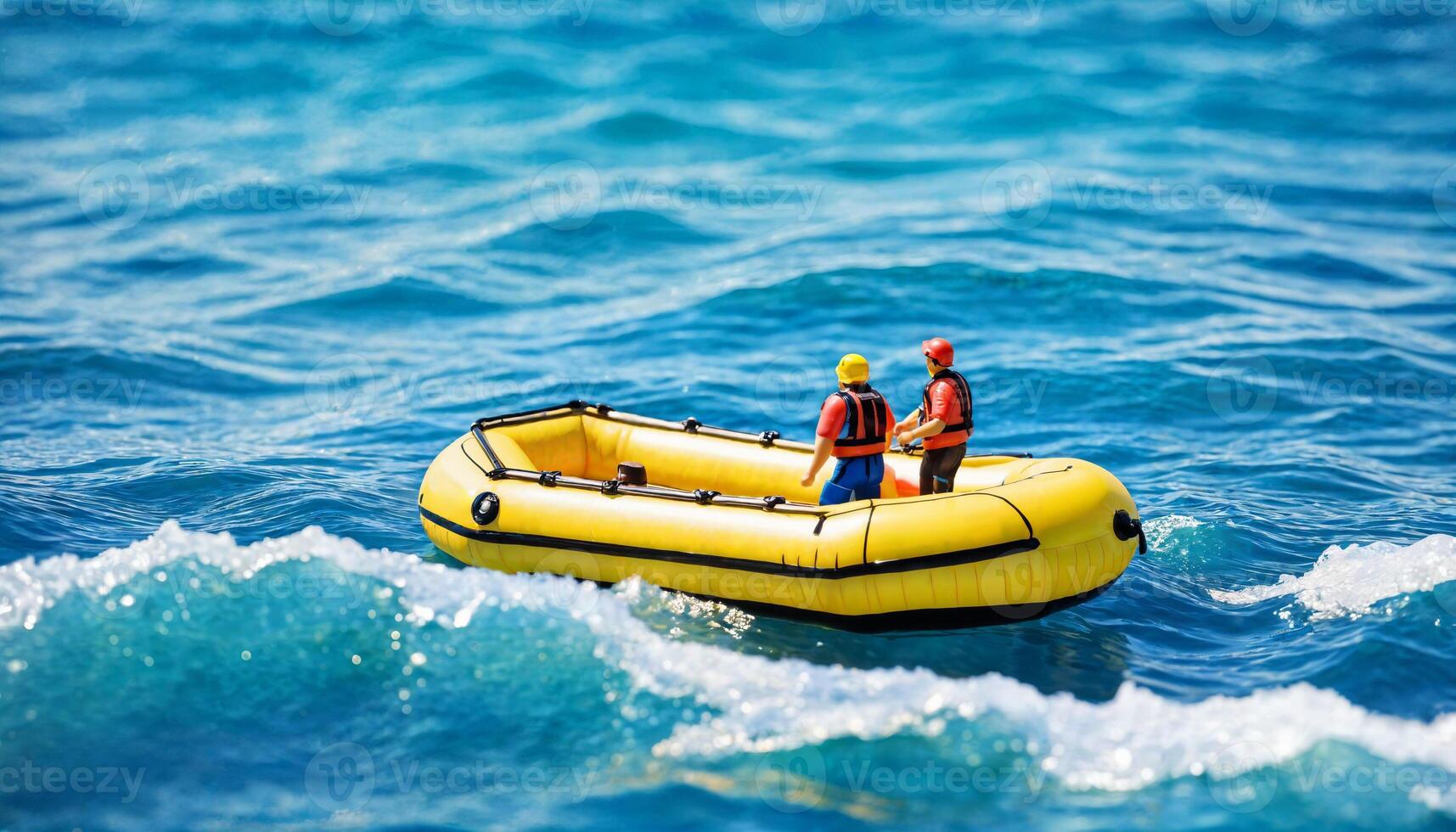 miniature scene of raft rescue float boat and sand beach island, photo