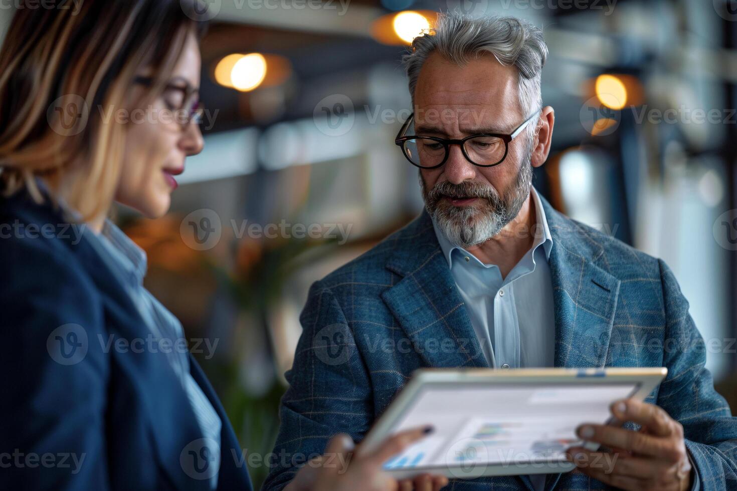 AI generated Businessman discussing work using tablet in office photo