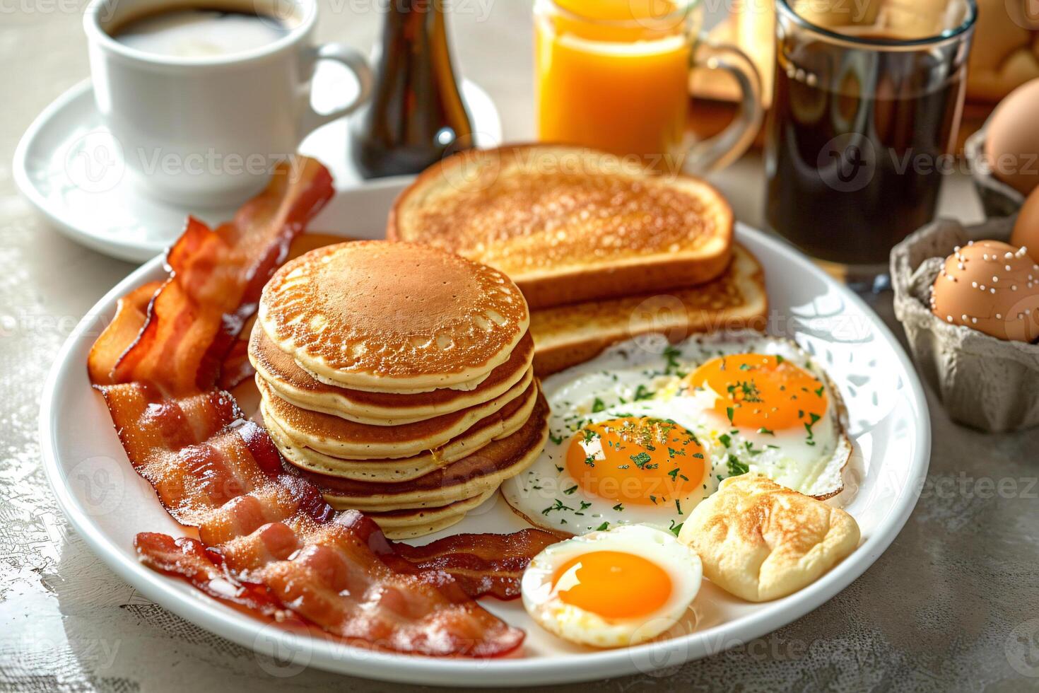 AI generated Pancake, bacon, and egg for breakfast illustration photo