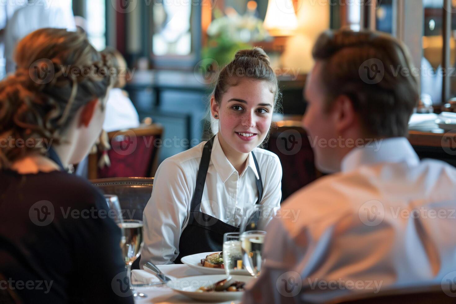 AI generated Female waitress talking with restaurant visitor photo