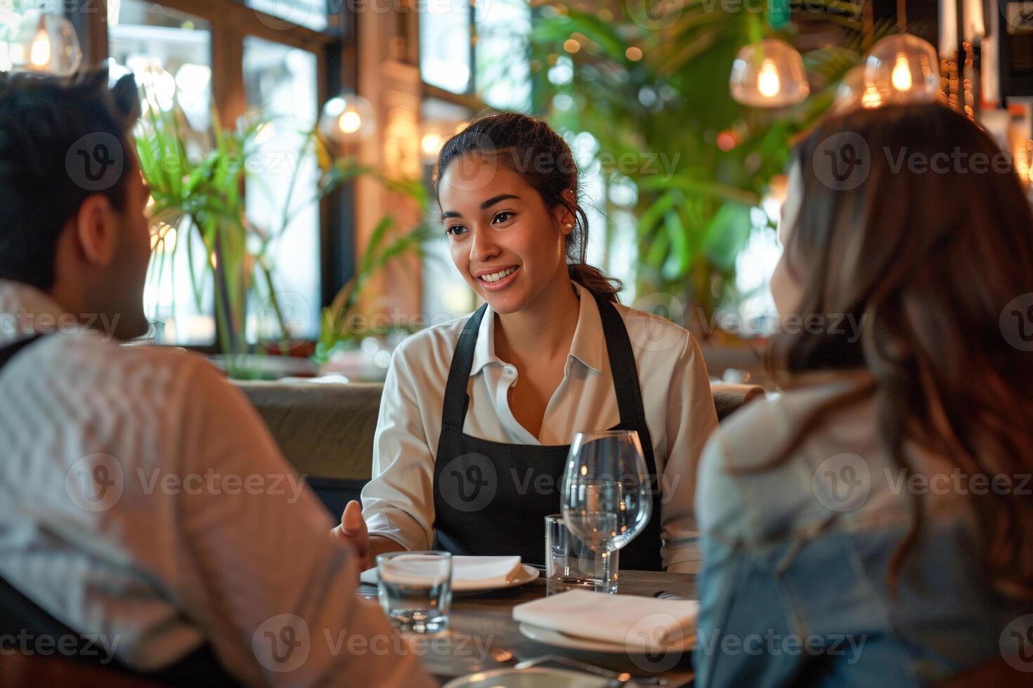 ai generado camarera hablando con restaurante visitante foto