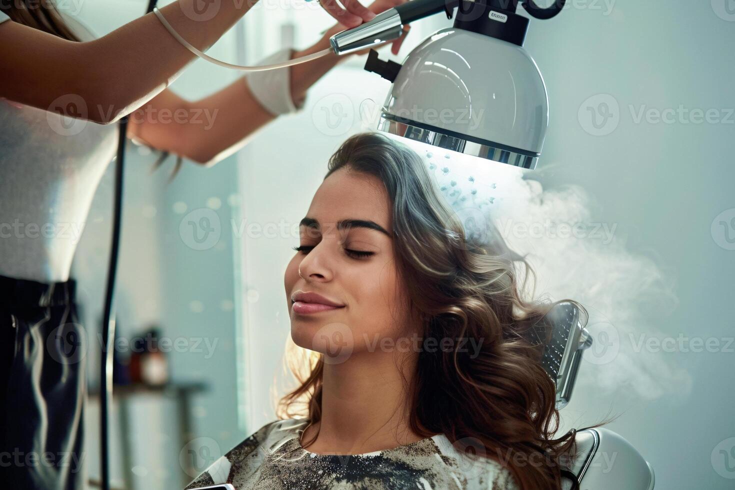 AI generated Woman using hair steamer in salon photo