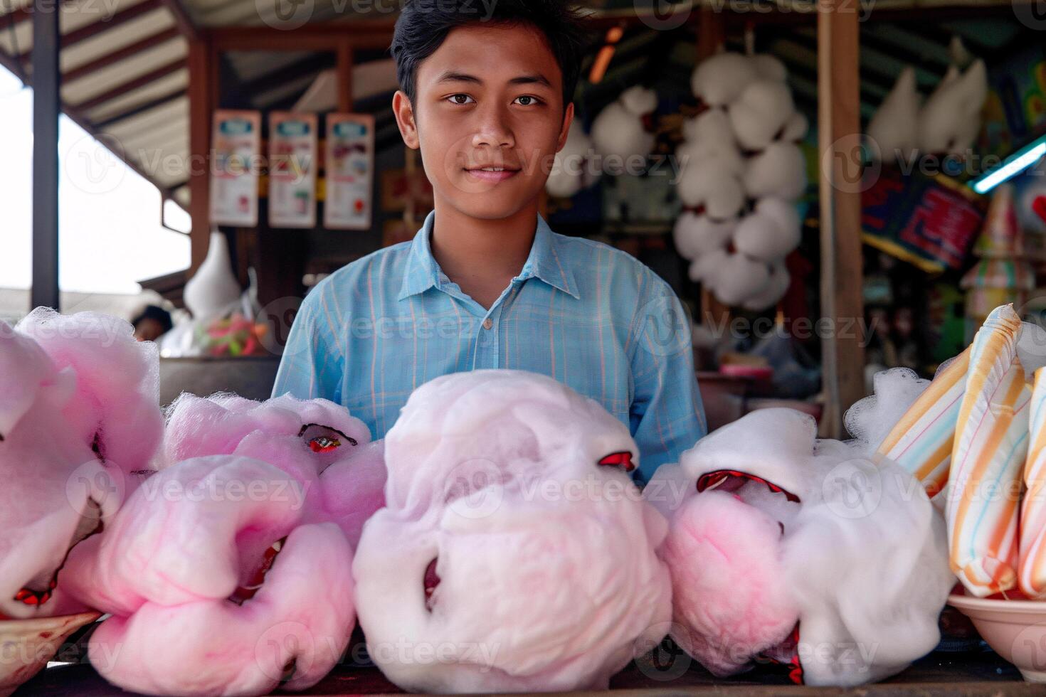 AI generated Young asian man selling cotton candy photo