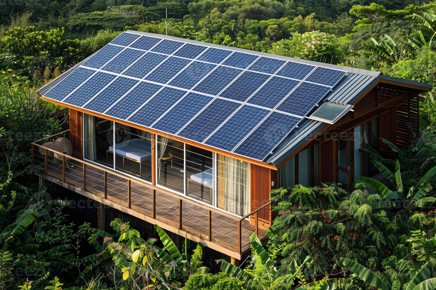 AI generated Solar panel on roof of wooden house photo
