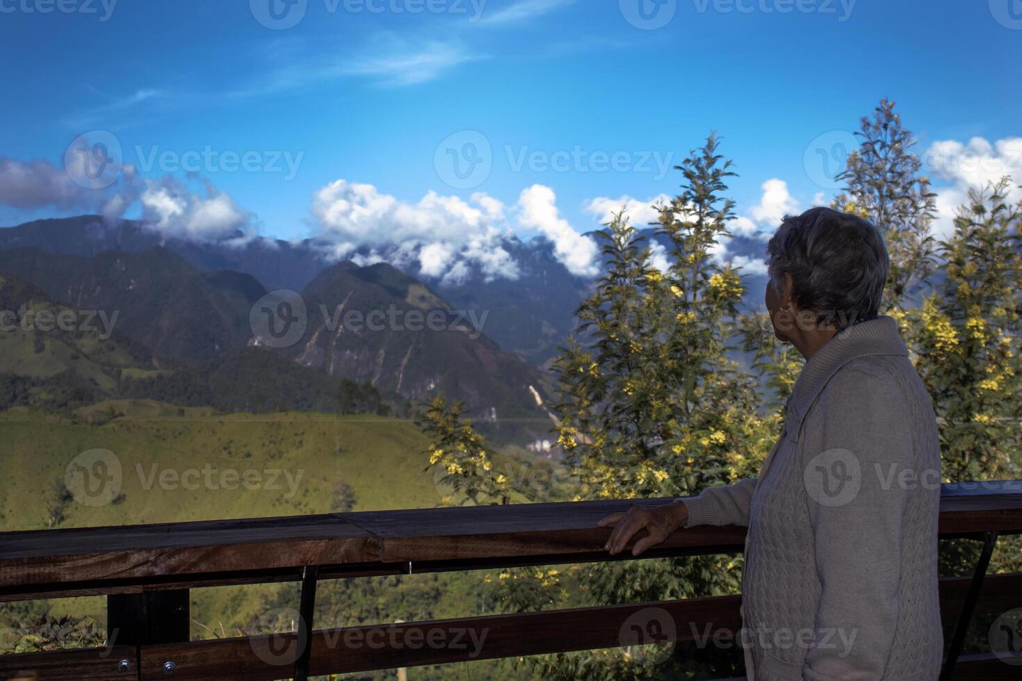 Senior woman tourist looking at the amazing landscapes of the Central Ranges on the ascent to the High of Letters between the cities of Fresno and Manizales in Colombia photo