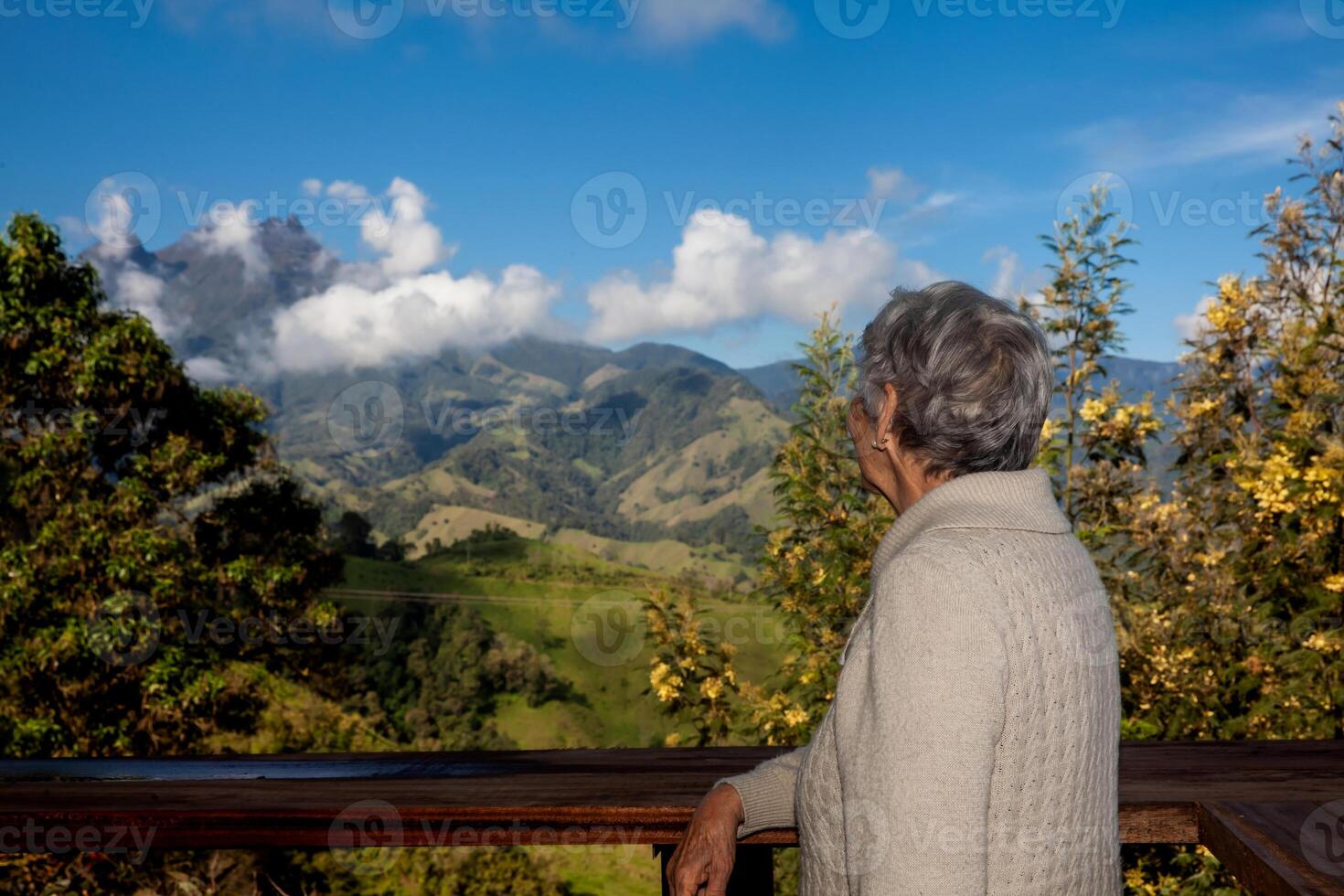 Senior woman tourist looking at the amazing landscapes of the Central Ranges on the ascent to the High of Letters between the cities of Fresno and Manizales in Colombia photo